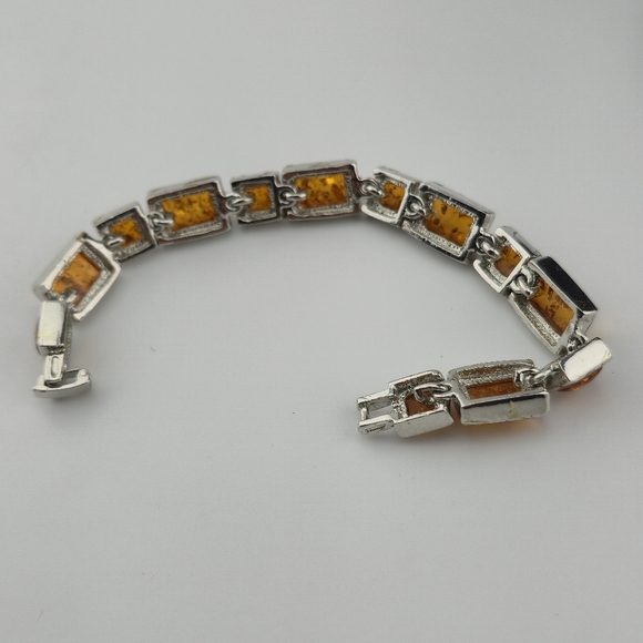 18KGP Amber Link Bracelet 7" Rectangular Gemstones Gold Plated Statement Jewelry - Picture 9 of 12